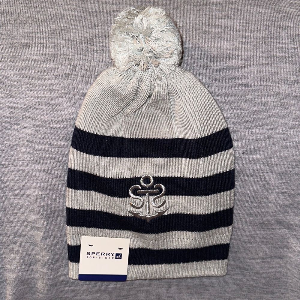 SPERRY OS Silver Navy Striped Metallic Lurex Embroidered Logo Pom Pom Hat